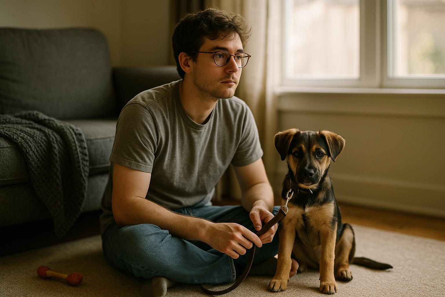 A young adult sitting on a living room floor with a small puppy, in natural light