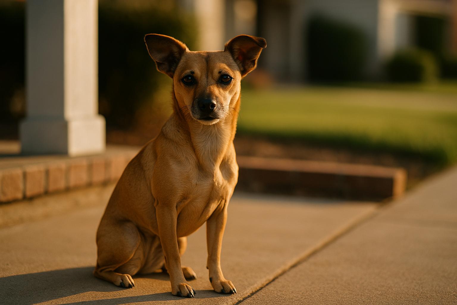 Small-breed dog on a porch showing a lean body and abdominal tuck, mid-morning light
