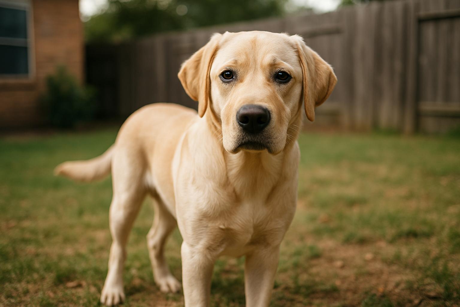 A young Labrador Retriever standing in a backyard during the afternoon, alert and healthy, shallow depth of field