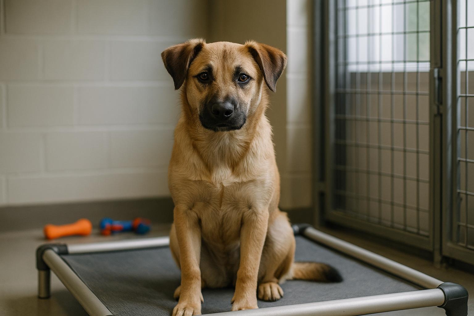A 1-year-old mixed-breed puppy sitting in a daycare kennel under soft window light.