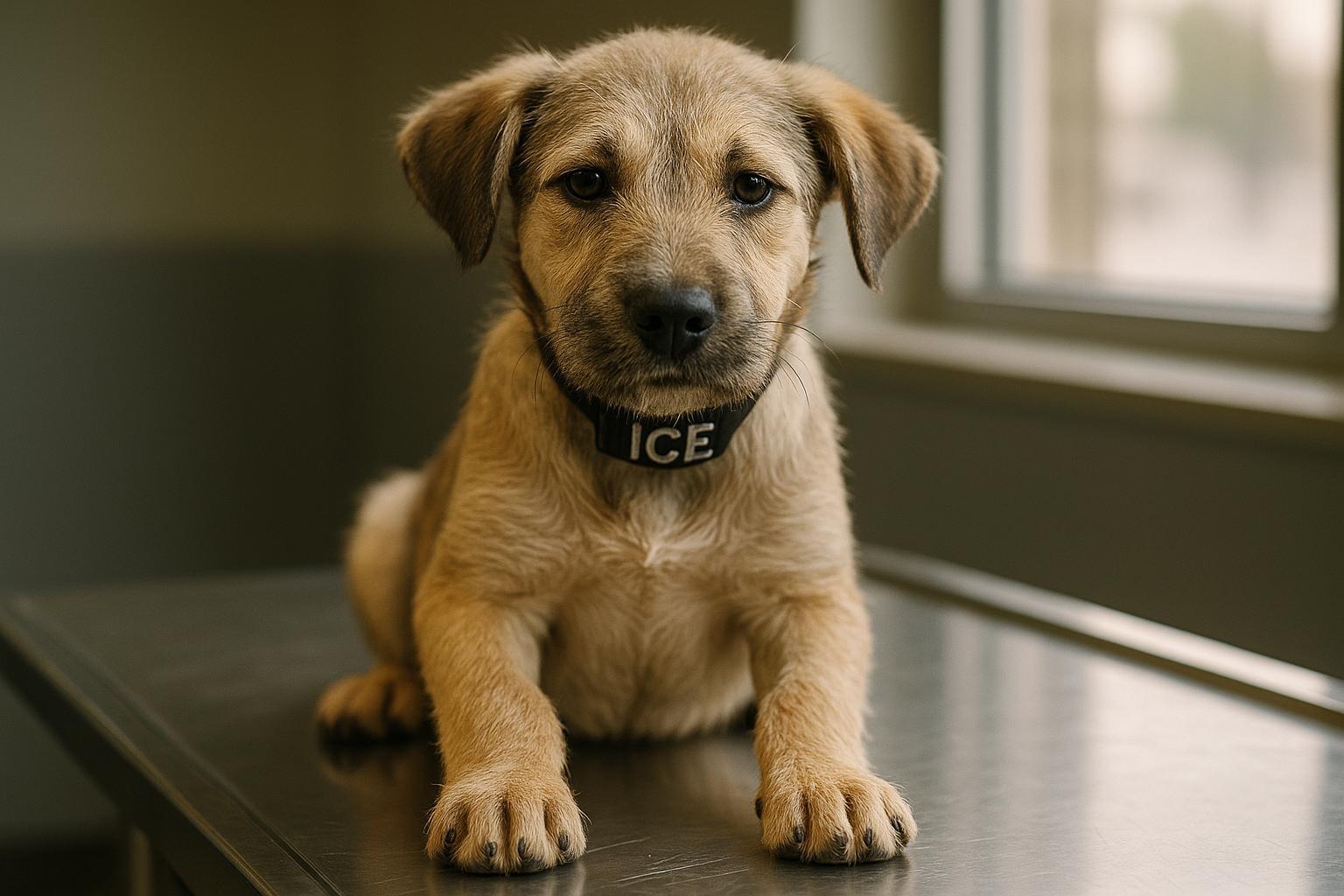 Portrait of ICE, a recovering puppy about 30 pounds and estimated 4–6 months old, on a veterinary exam table in natural light