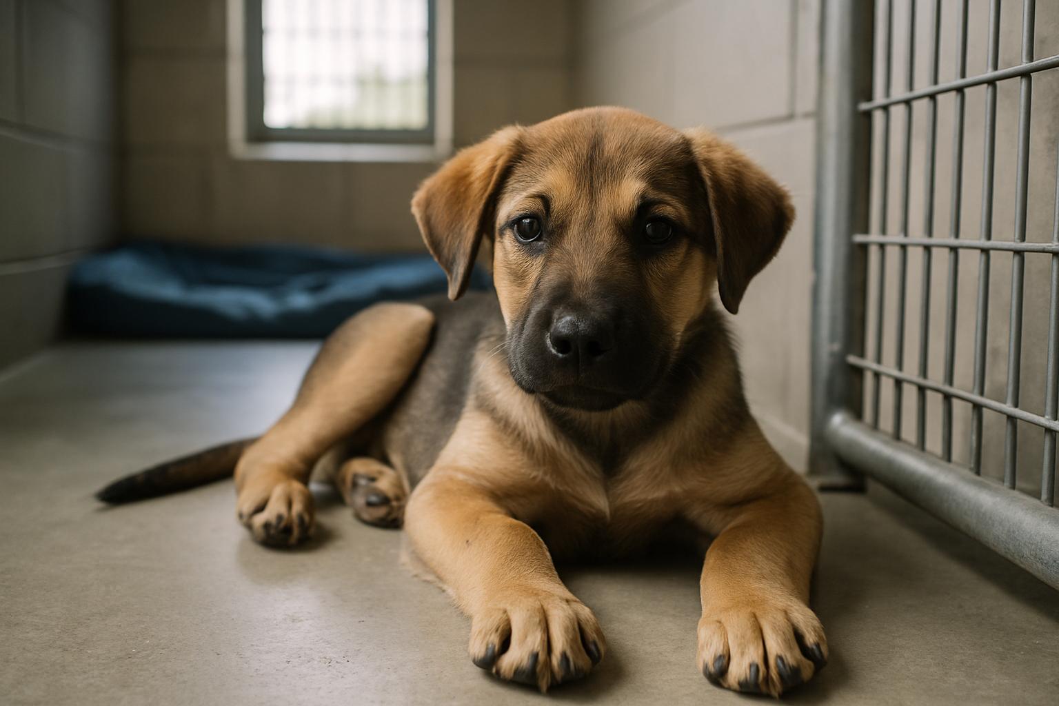 A mixed-breed puppy resting in a kennel at Boyle County Animal Shelter, photographed in natural light