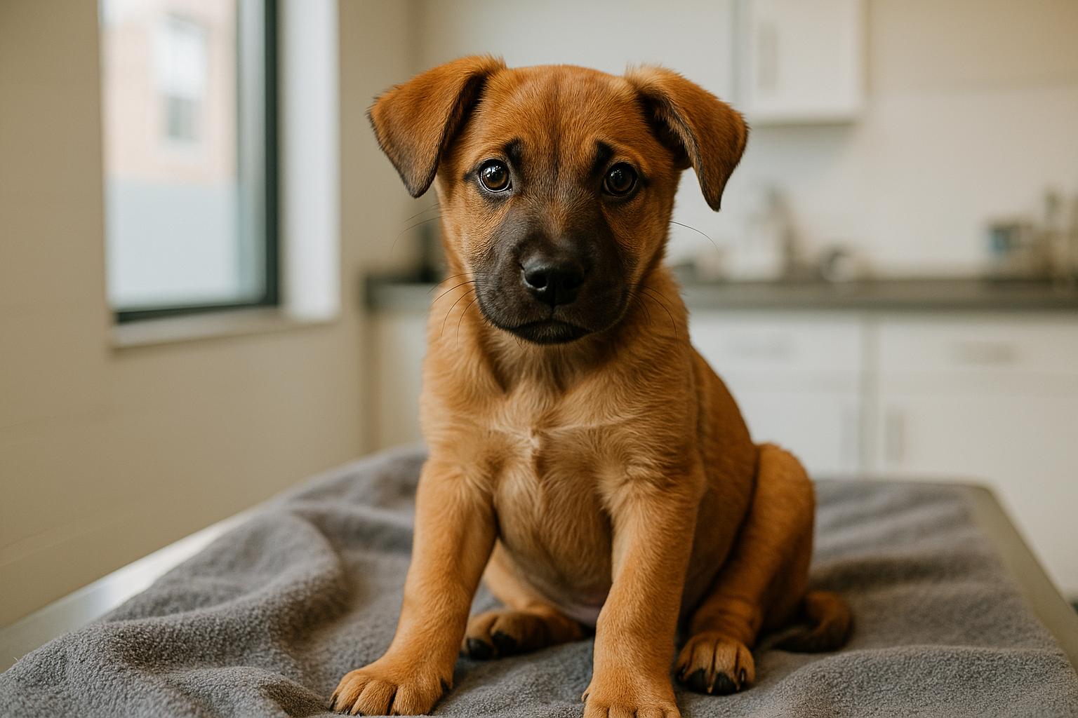 A 5-month-old puppy named Phoenix sitting calmly on a blanket in a veterinary exam room, looking alert and relaxed