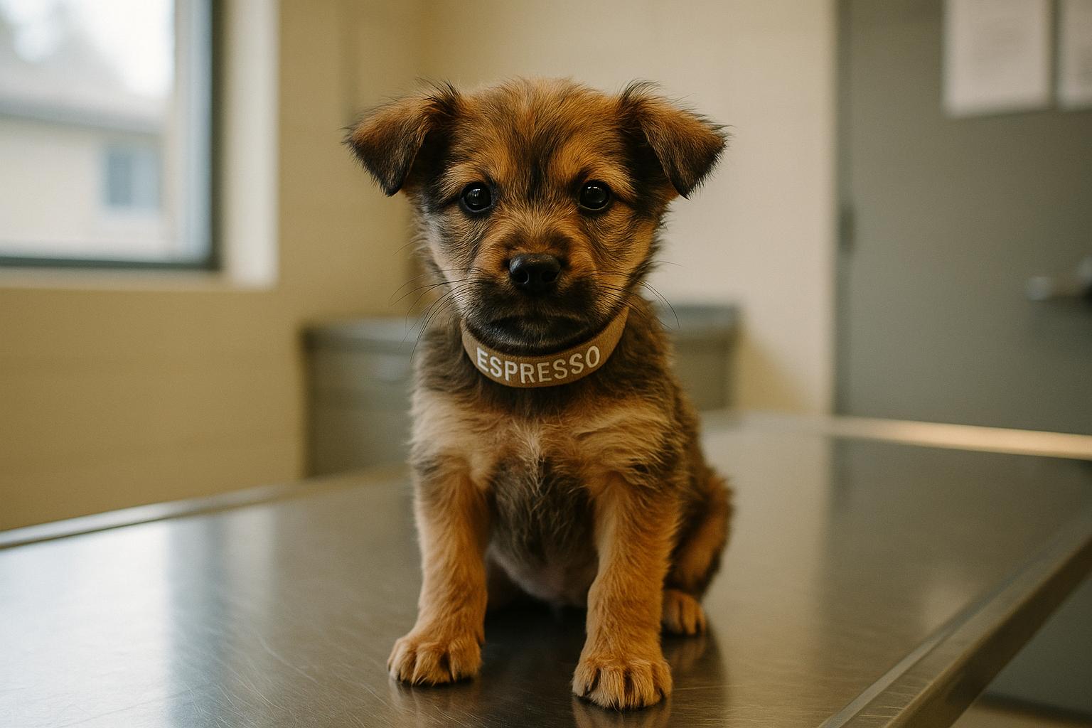 Puppy named Espresso sitting on a shelter exam table, alert and recovering