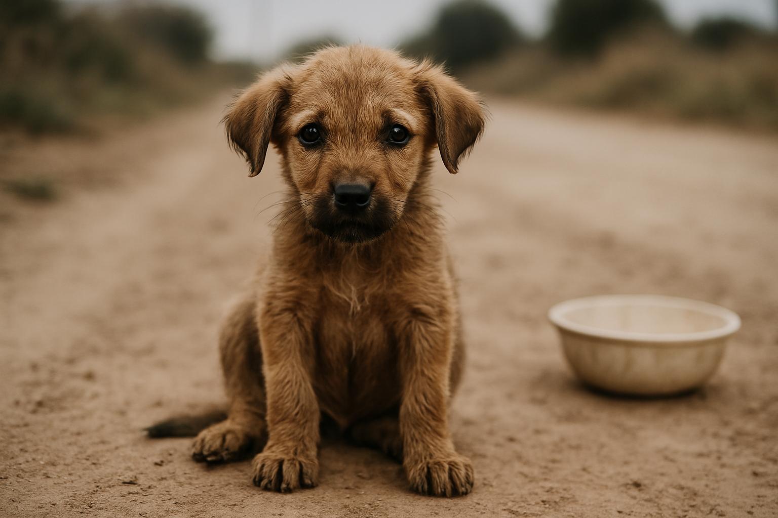 Scooby, a small hungry puppy, sitting on a dusty dirt road with soft overcast light and realistic fur texture