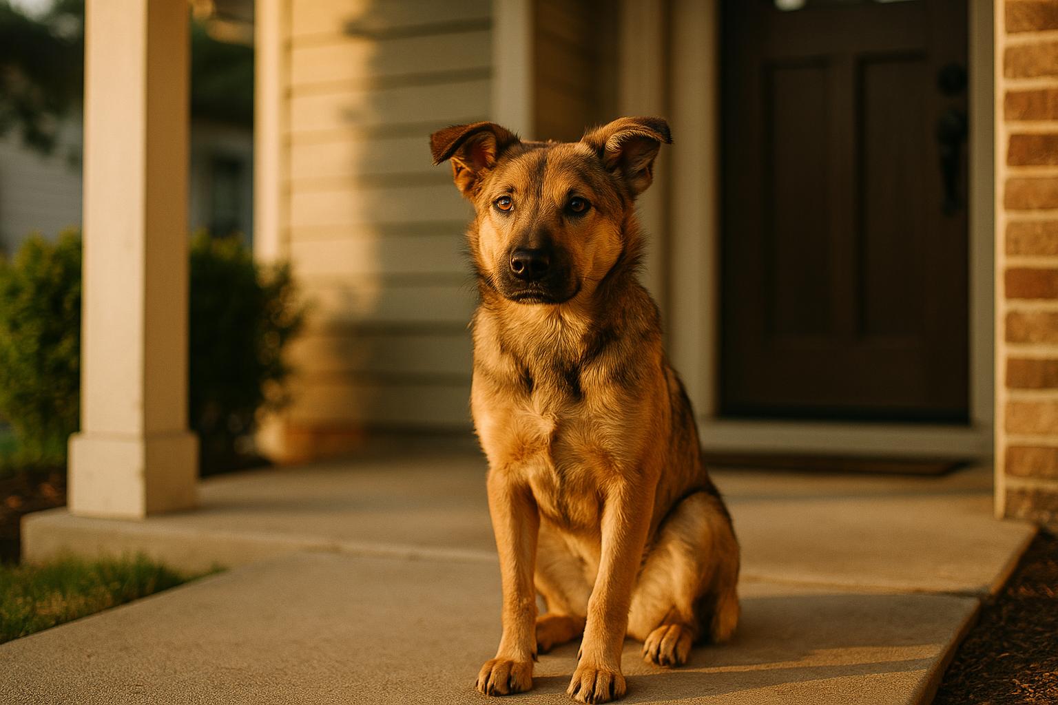 Young mixed-breed companion dog sitting on a suburban front porch in golden hour light