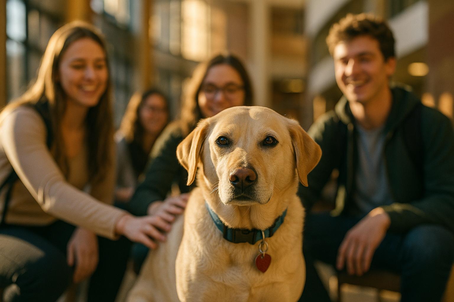 A therapy dog in an atrium being petted by students during a Purdue University mental health event