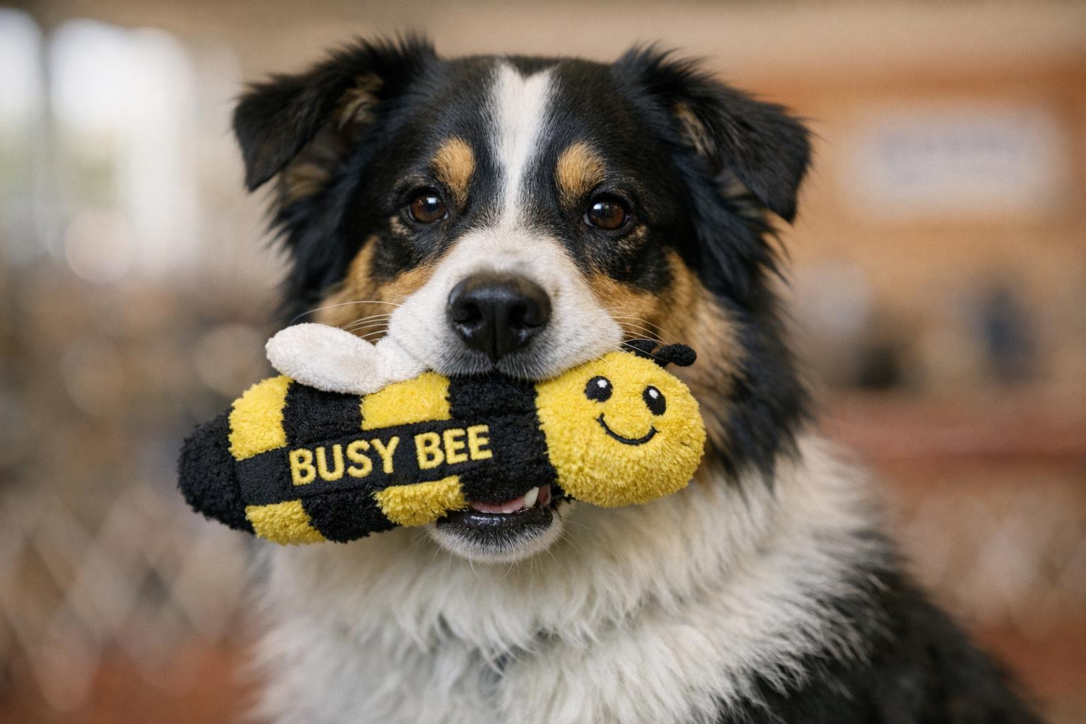Medium-sized show dog holding a yellow-and-black Busy Bee plush toy in its mouth, close-up portrait in natural window light