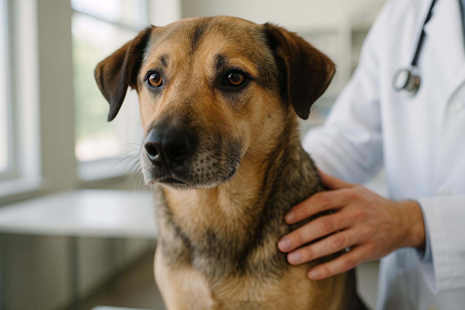 A veterinarian examines a healthy adult mixed-breed dog in a clinic, natural window light, close-up.
