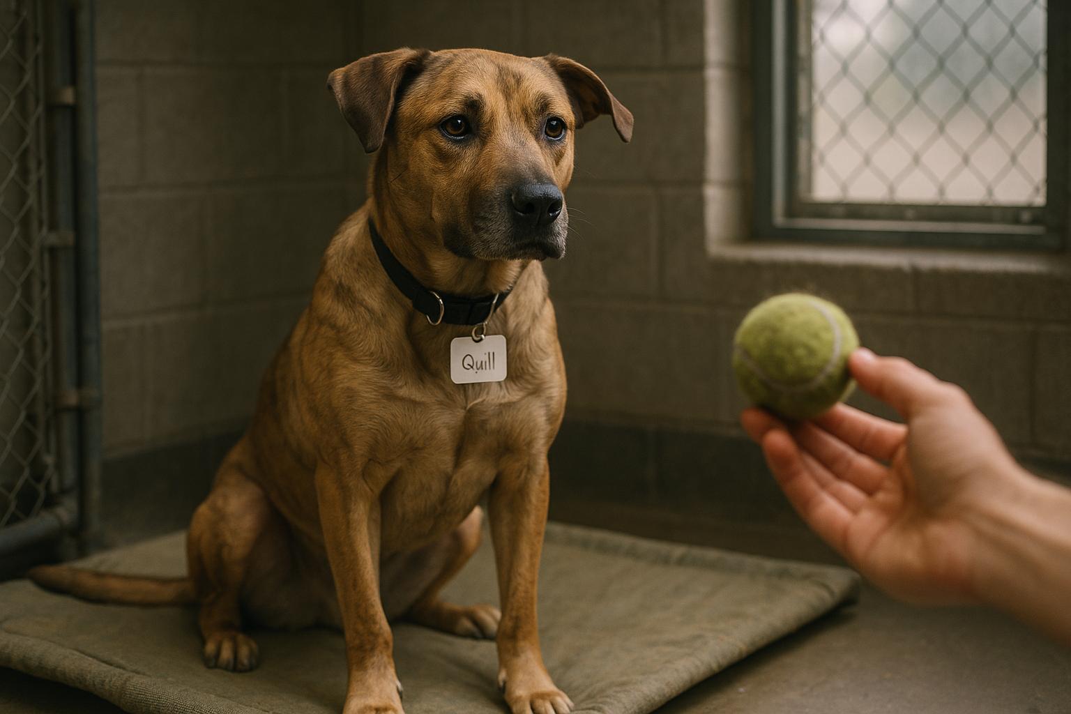 Quill, a friendly shelter dog, sits alert on a kennel mat looking toward a hand holding a tennis ball