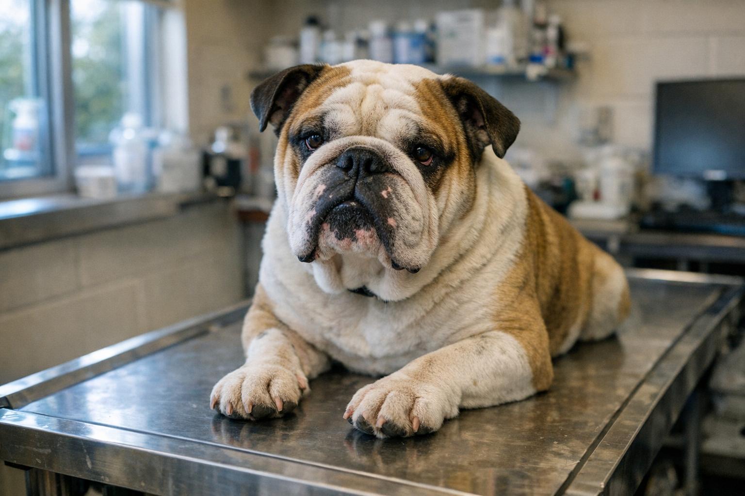 A studio-style portrait of an English bulldog resembling Raffie sitting on a clinic table, looking solemn under soft window light.