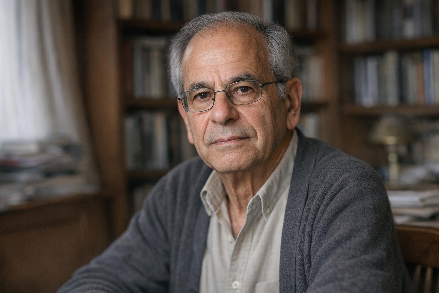 Portrait of Raja Shehadeh seated in a study, thoughtful expression, bookshelves in the background.
