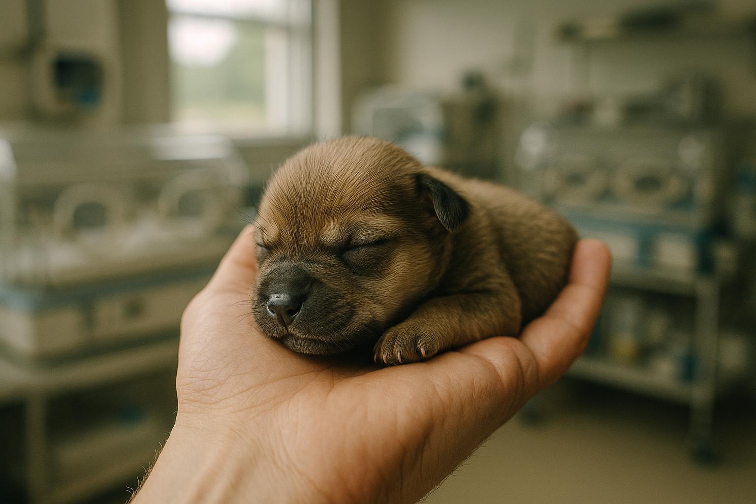 Newborn puppy resting in a volunteer's palm inside a rescue nursery with incubators in the background