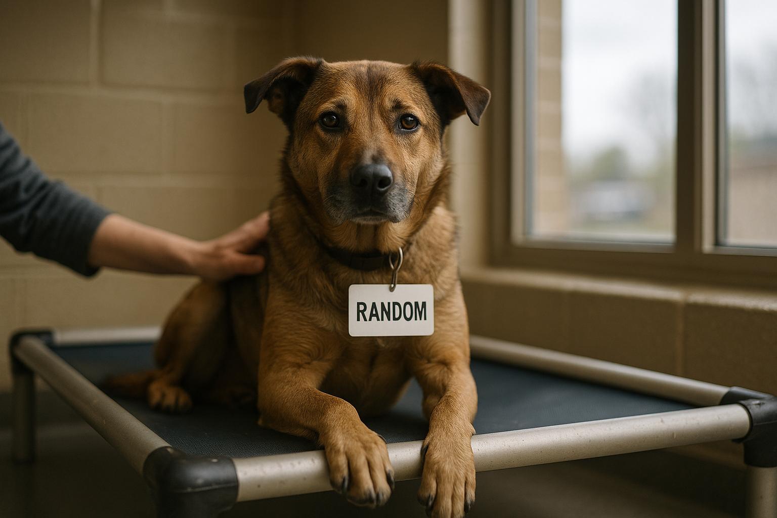 Medium-sized mixed-breed dog named Random sitting on a kennel bed at a shelter, photographed in soft natural light.