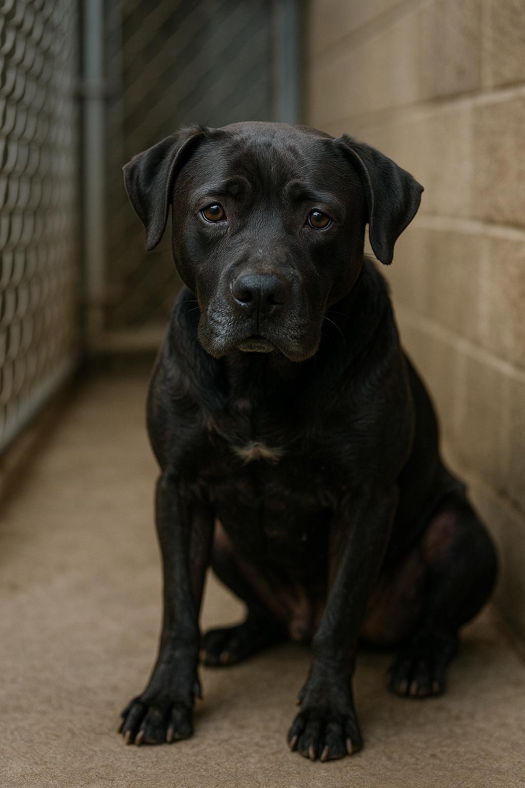 Randy, a 3-year-old black dog, sitting in a shelter kennel at the Associated Humane Societies Newark Shelter