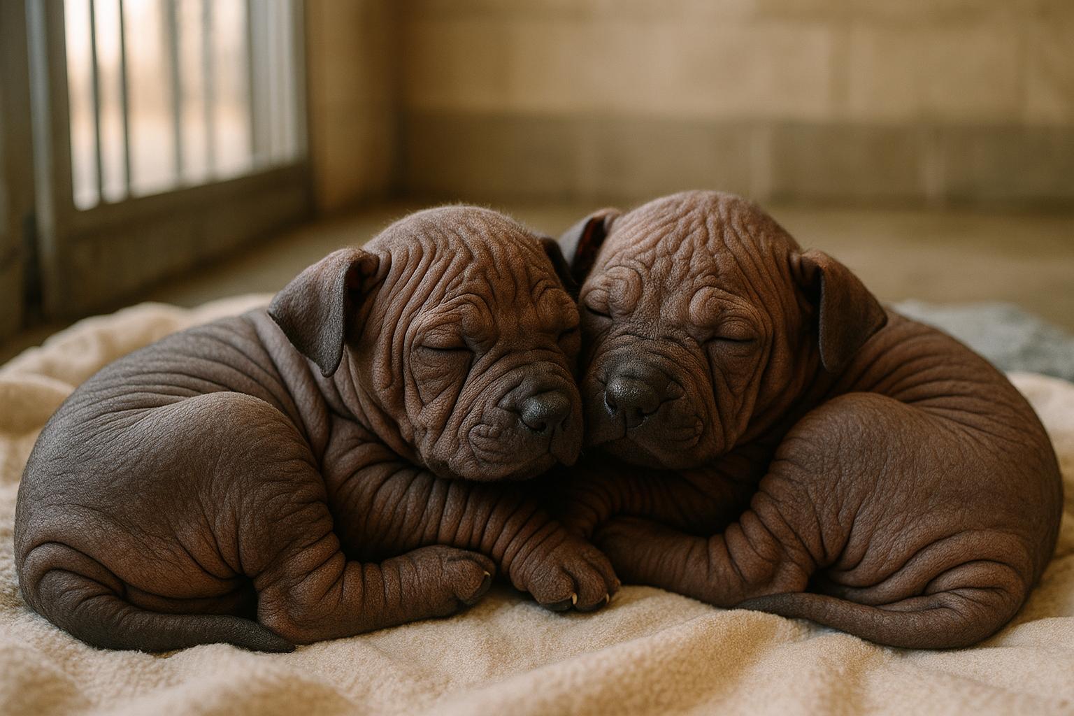 Two Xoloitzcuintli puppies with soft wrinkles and chunky bodies curled together on a blanket in warm window light.