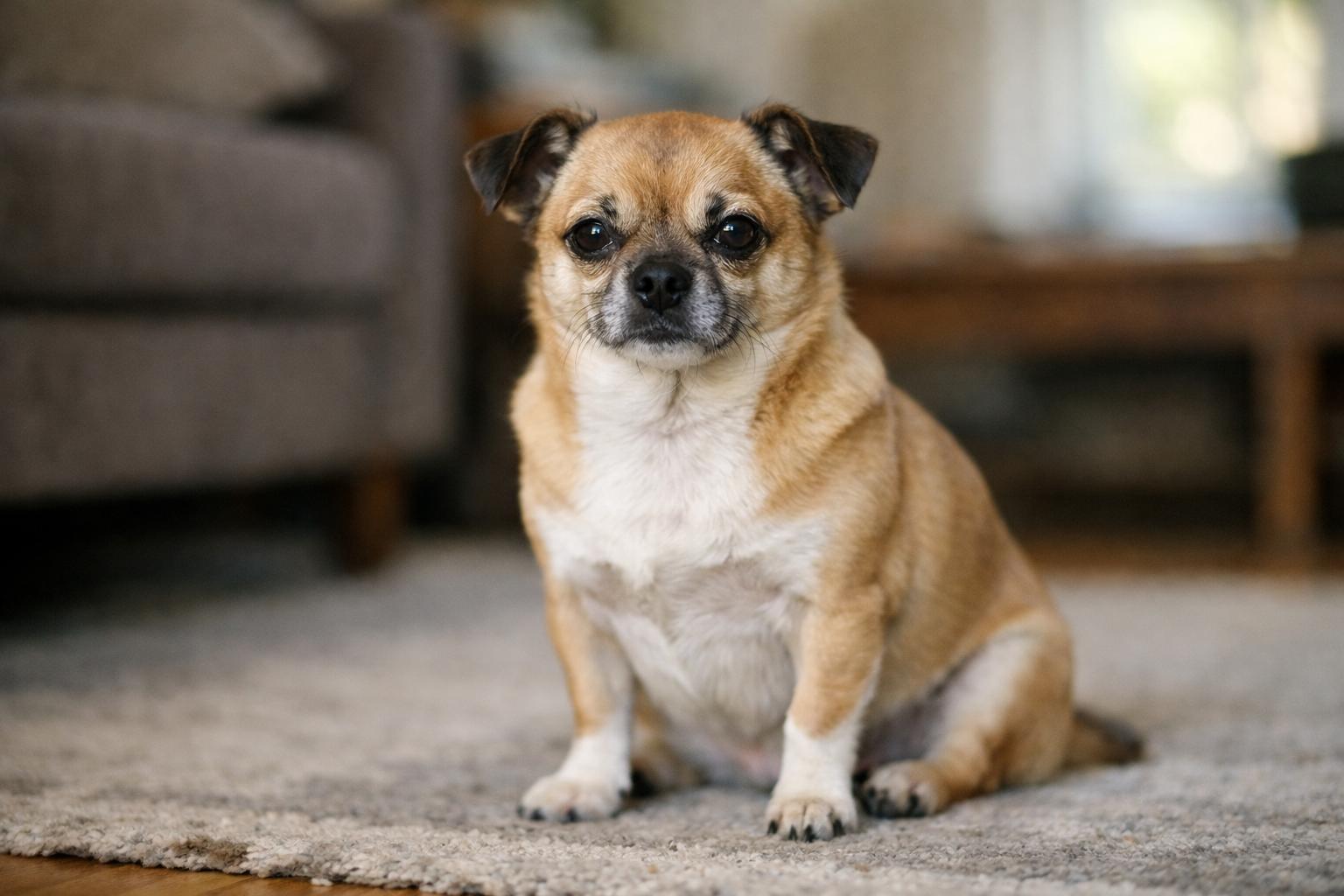Small short-haired dog sitting on a living room rug in natural light