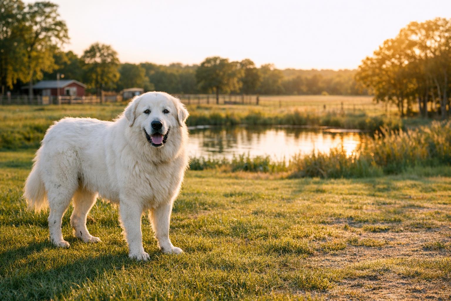 A Great Pyrenees standing on a grassy field with a pond and open pasture behind, on a 15-acre rescue property during golden hour