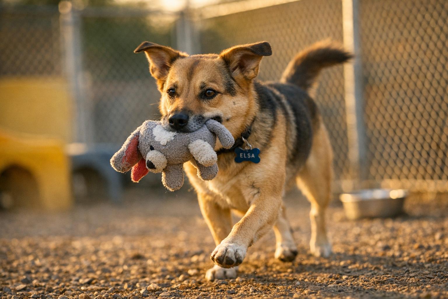 Elsa, a young 40-pound mixed-breed dog, running in a play yard with a soft toy in her mouth during golden hour.