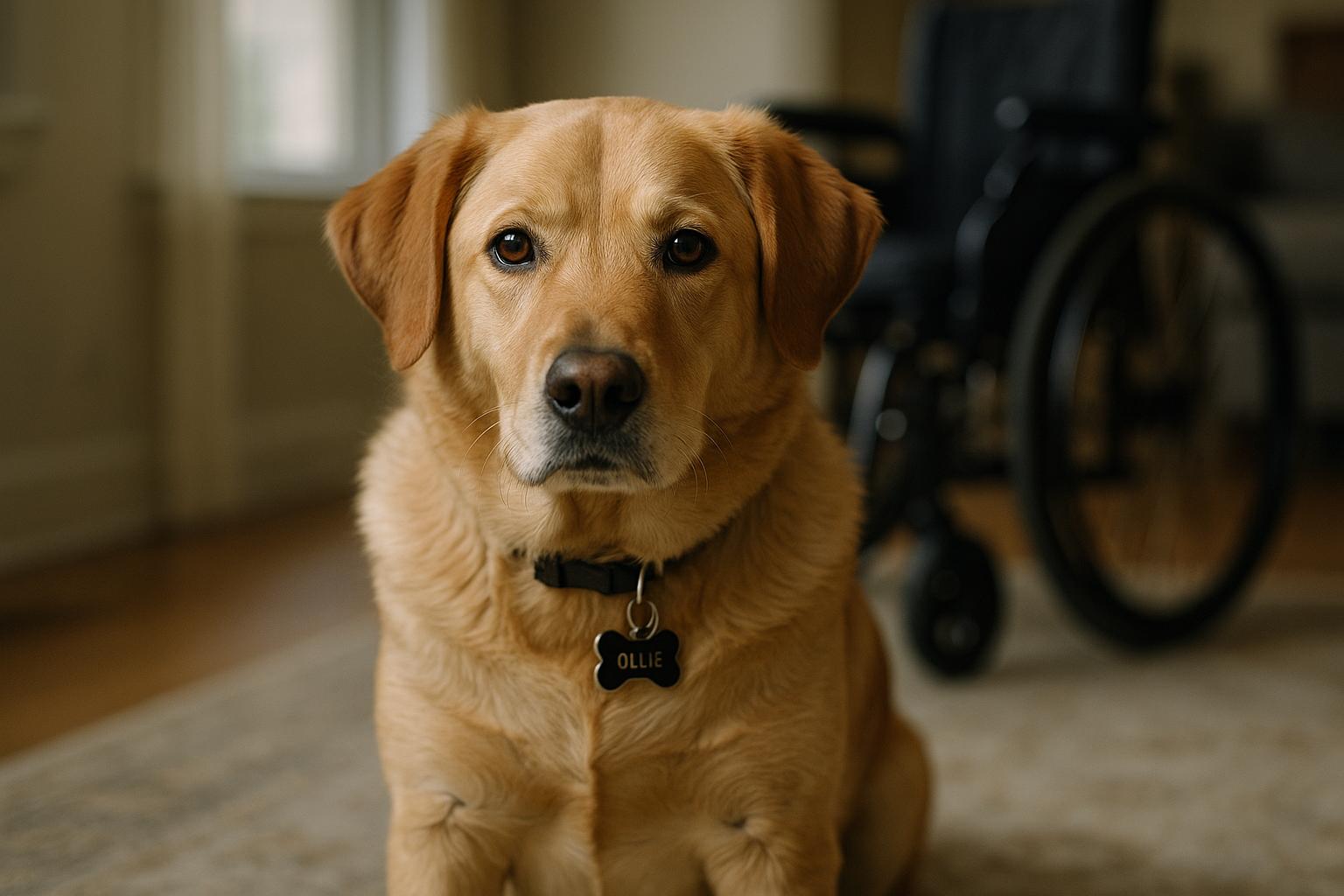 Ollie, a golden retriever mix, sitting calmly in a living room with a wheelchair blurred in the background.