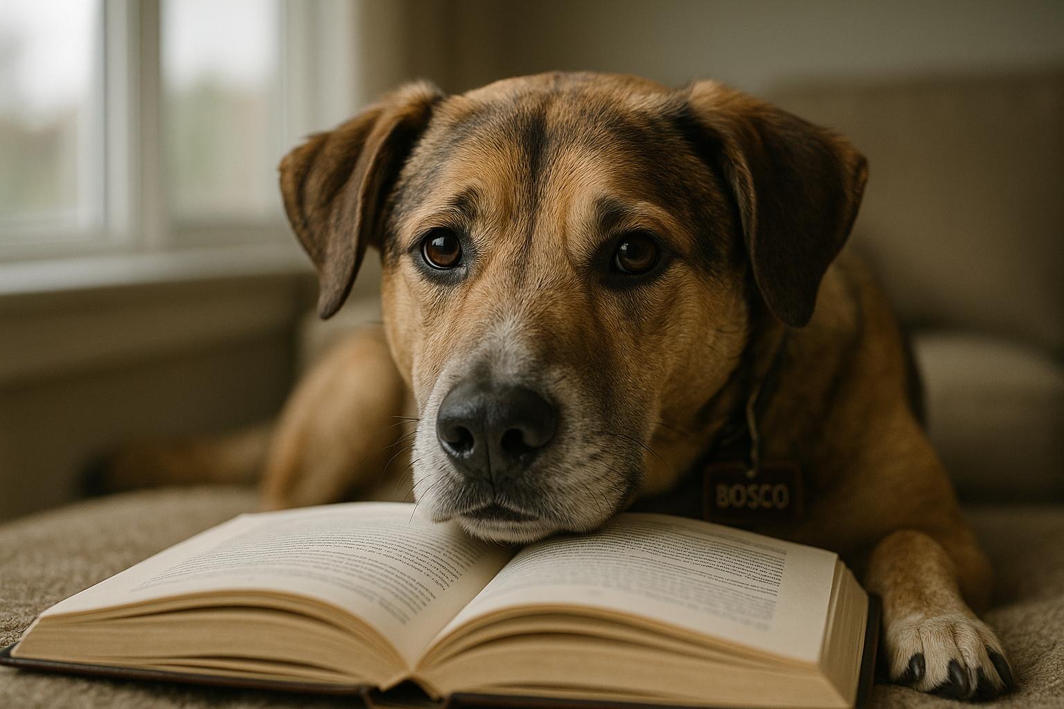 Bosco, a rescue dog, resting his muzzle on an open storybook in a cozy living room