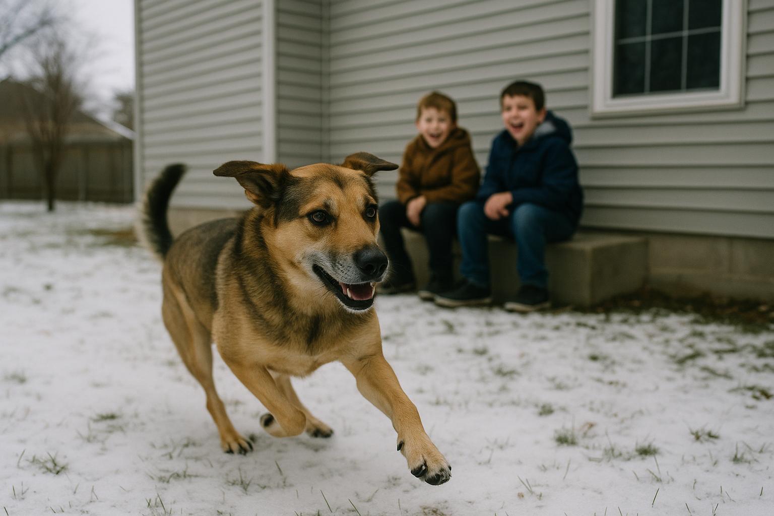 Mixed-breed rescue dog doing zoomies across a snowy backyard while two boys watch and laugh