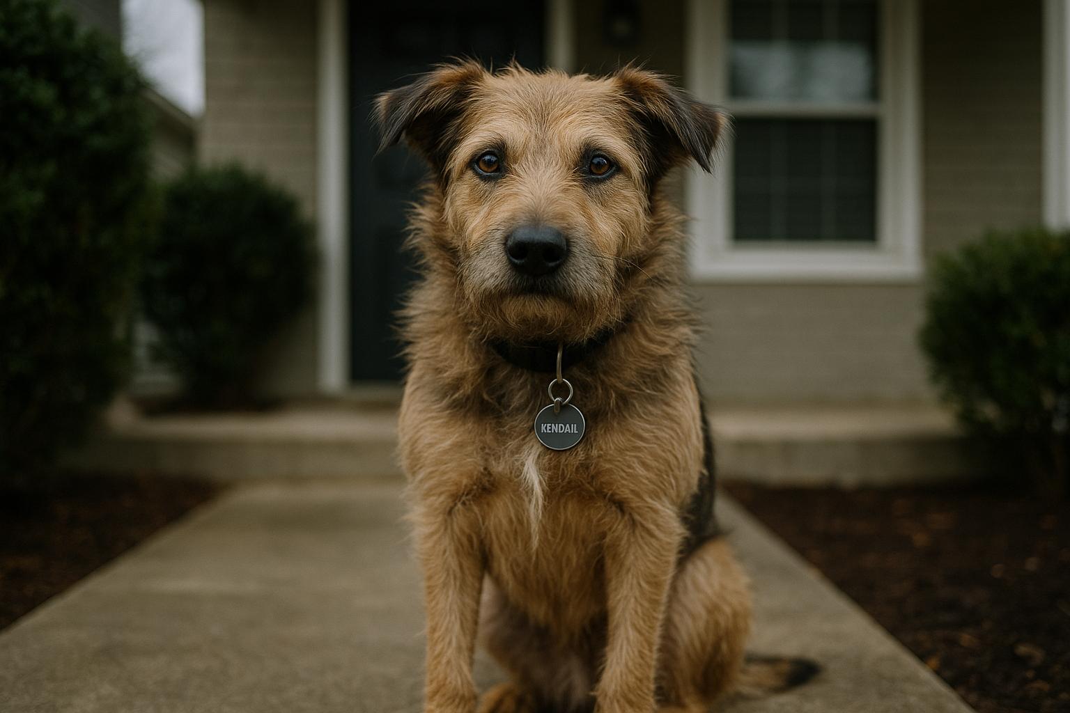 Kendall, a medium-sized mixed-breed rescue dog, sitting calmly on a suburban porch in soft overcast light
