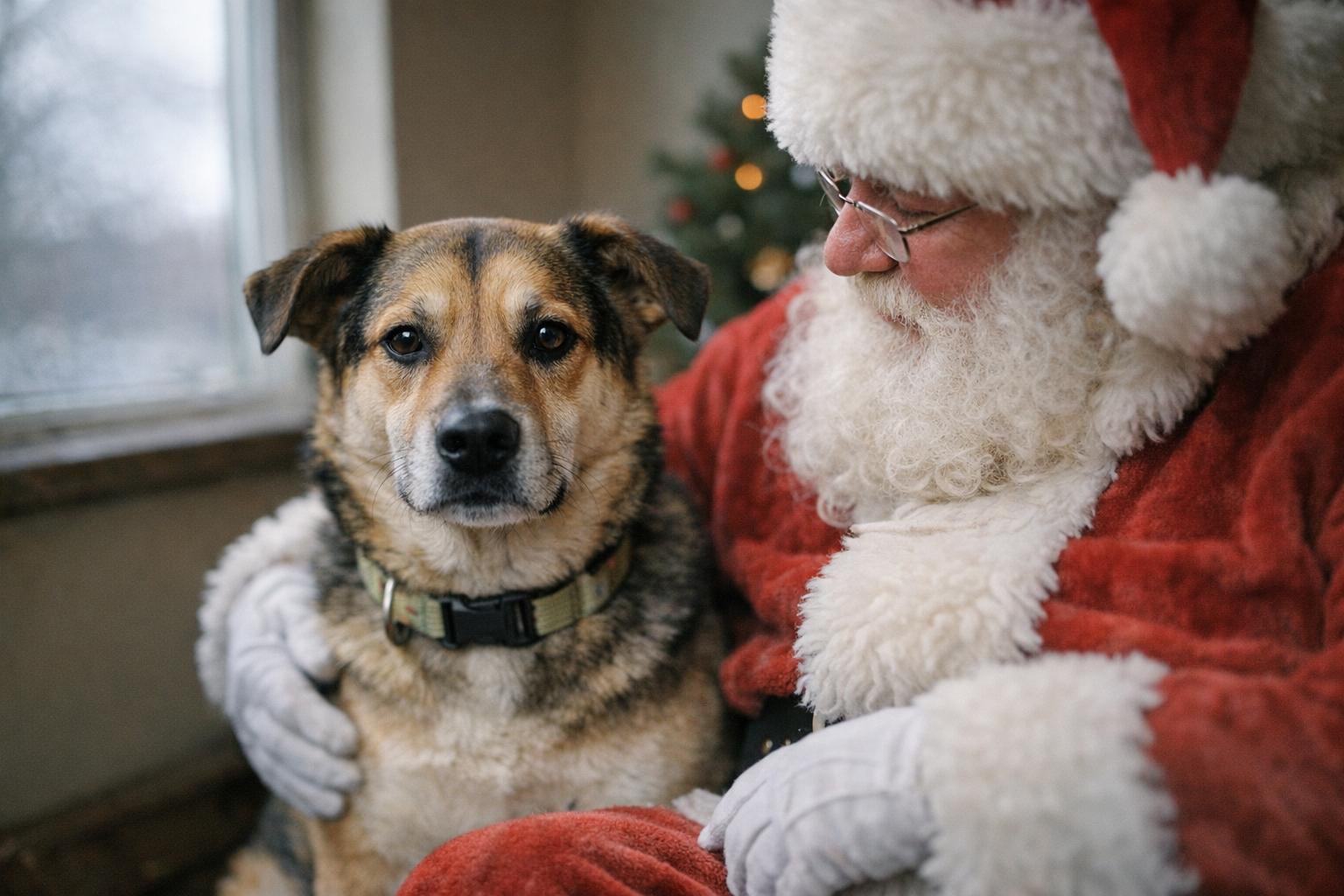 Rescue dog sitting next to Santa Claus in a softly lit indoor setting