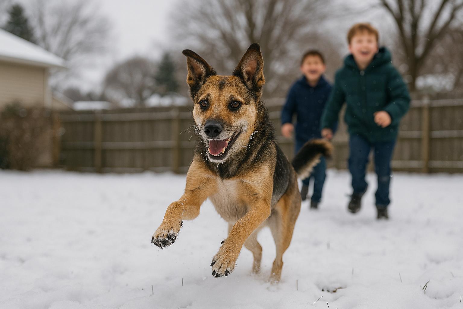 Medium-sized mixed-breed rescue dog doing joyful zoomies through snow with two boys playing in the background.