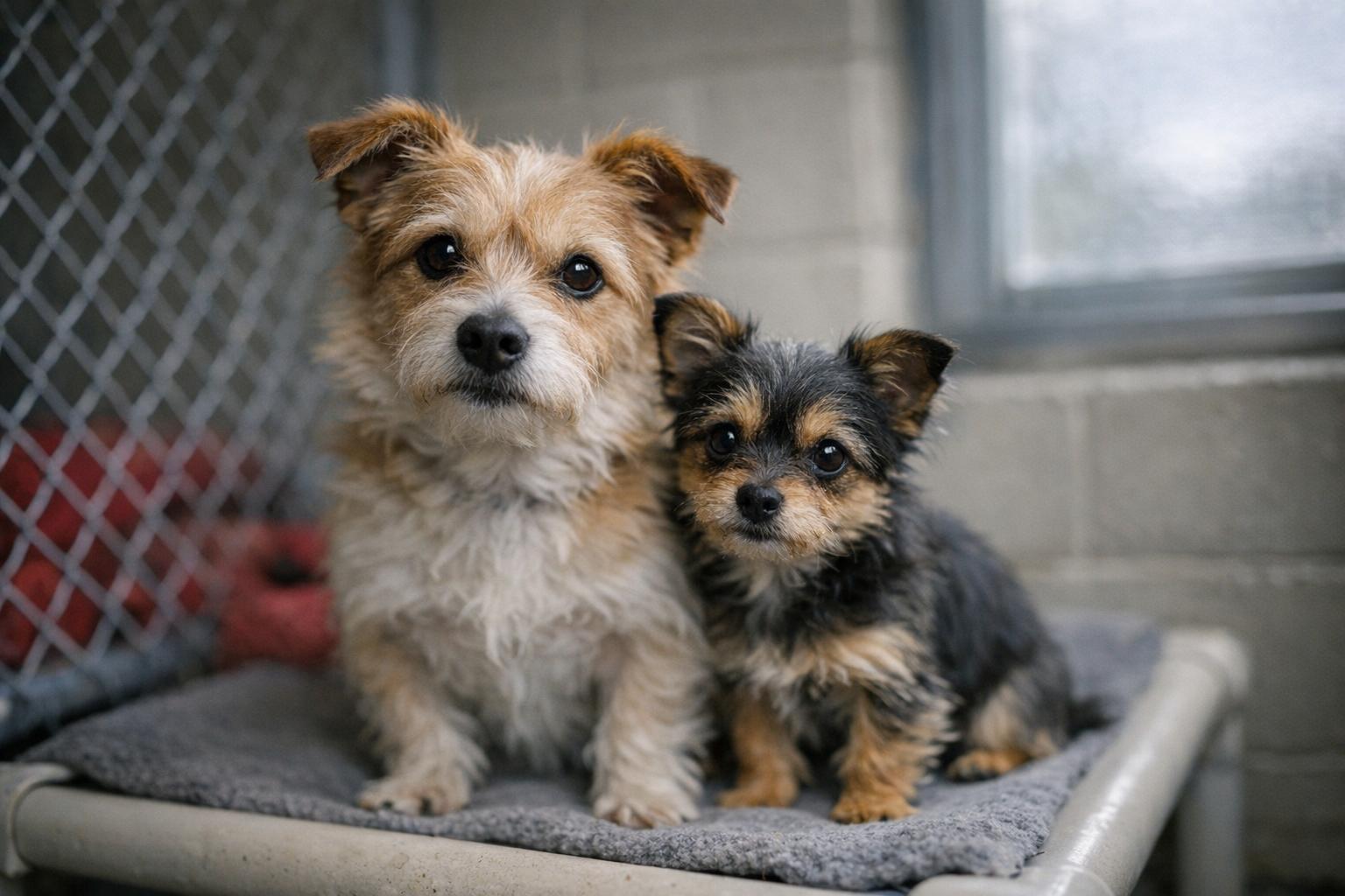 Two terrier-mix dogs sitting together on a shelter bench in soft diffused window light.