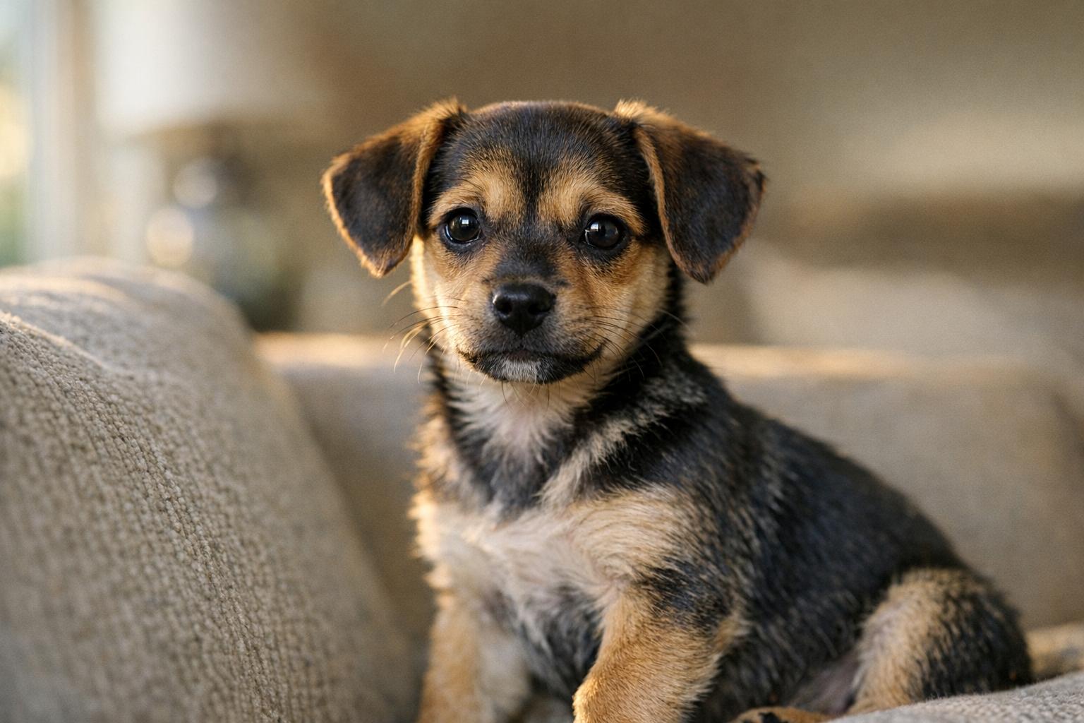 Milicent, an approximately 12-week-old Chiweenie mix puppy, sitting on a couch in a foster home
