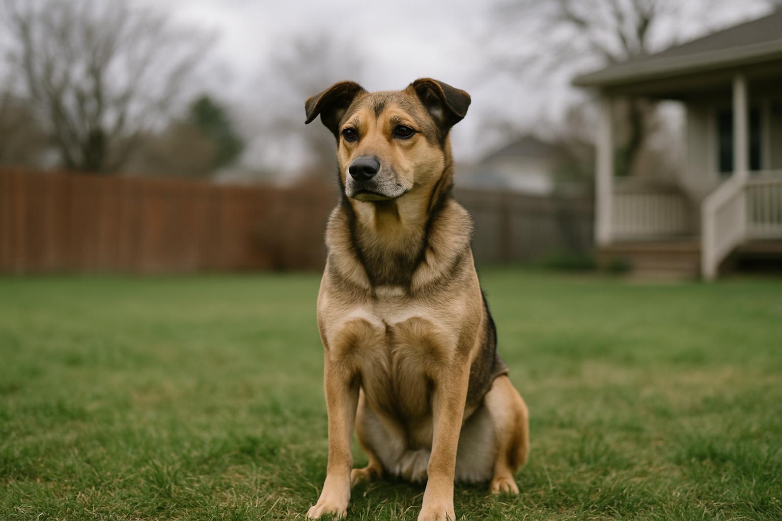 Mixed-breed adult dog sitting in a suburban backyard under soft overcast light