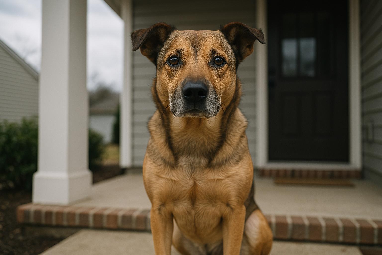 Medium-sized mixed-breed dog sitting on a porch, alert and calm, photographed in soft diffused light