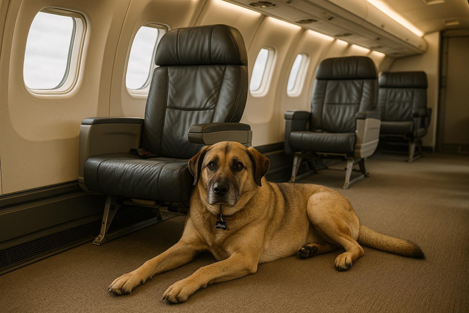Adora, a large 100-pound dog, lying calmly on the floor of a reconfigured Embraer E135 cabin next to a passenger seat.