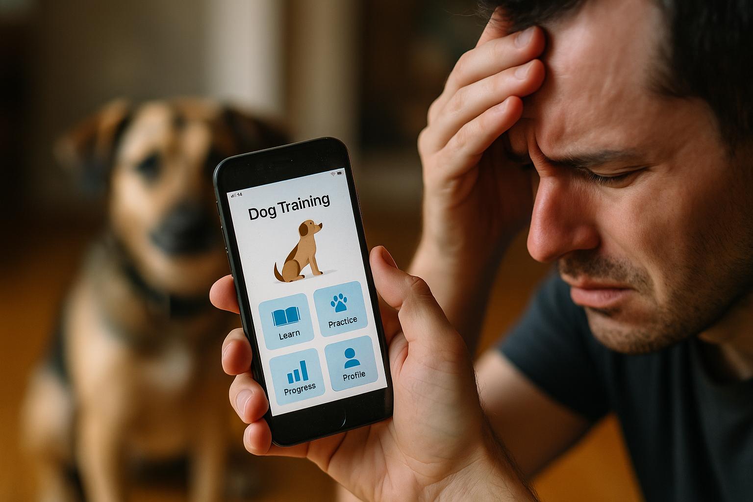 Person looking frustrated at a dog training app on a smartphone with a dog in the background