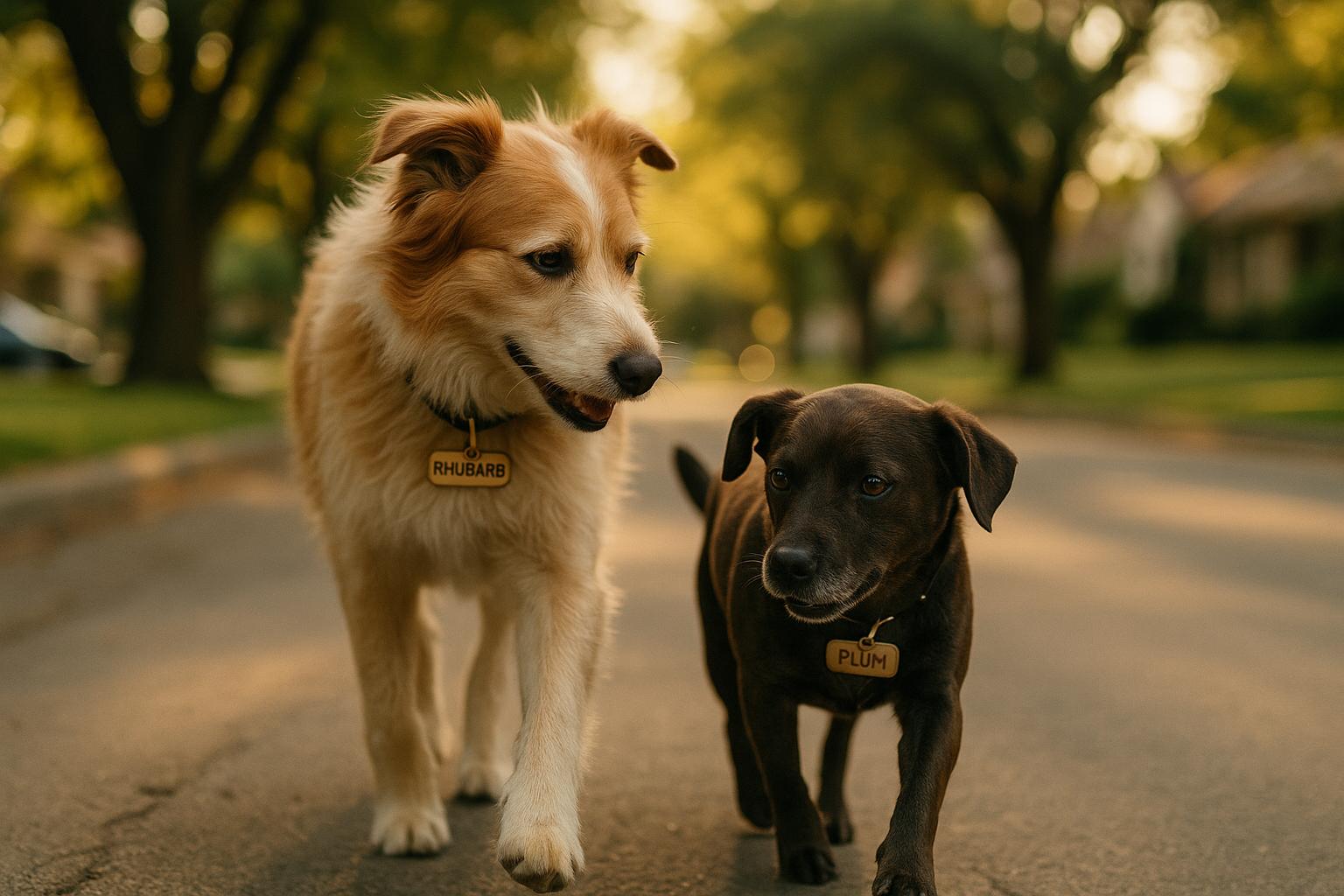 Two dogs, Rhubarb and Plum, walking side-by-side on a neighborhood street