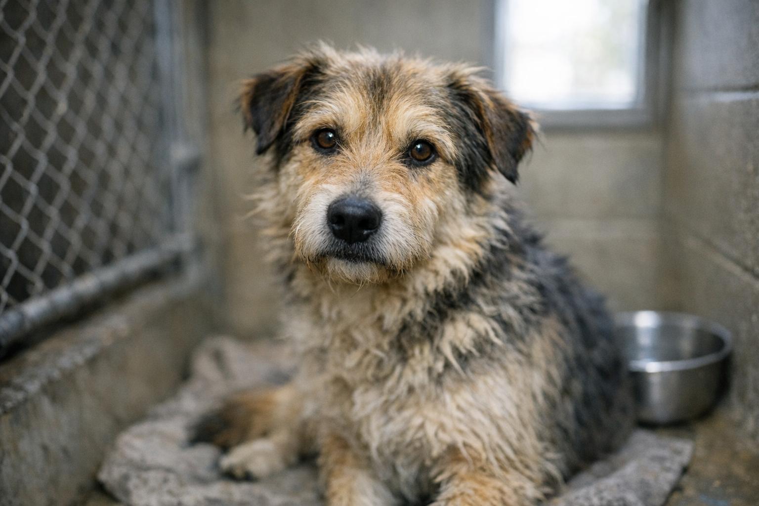 A medium-sized mixed-breed dog sitting in a shelter kennel, looking alert and cautious.