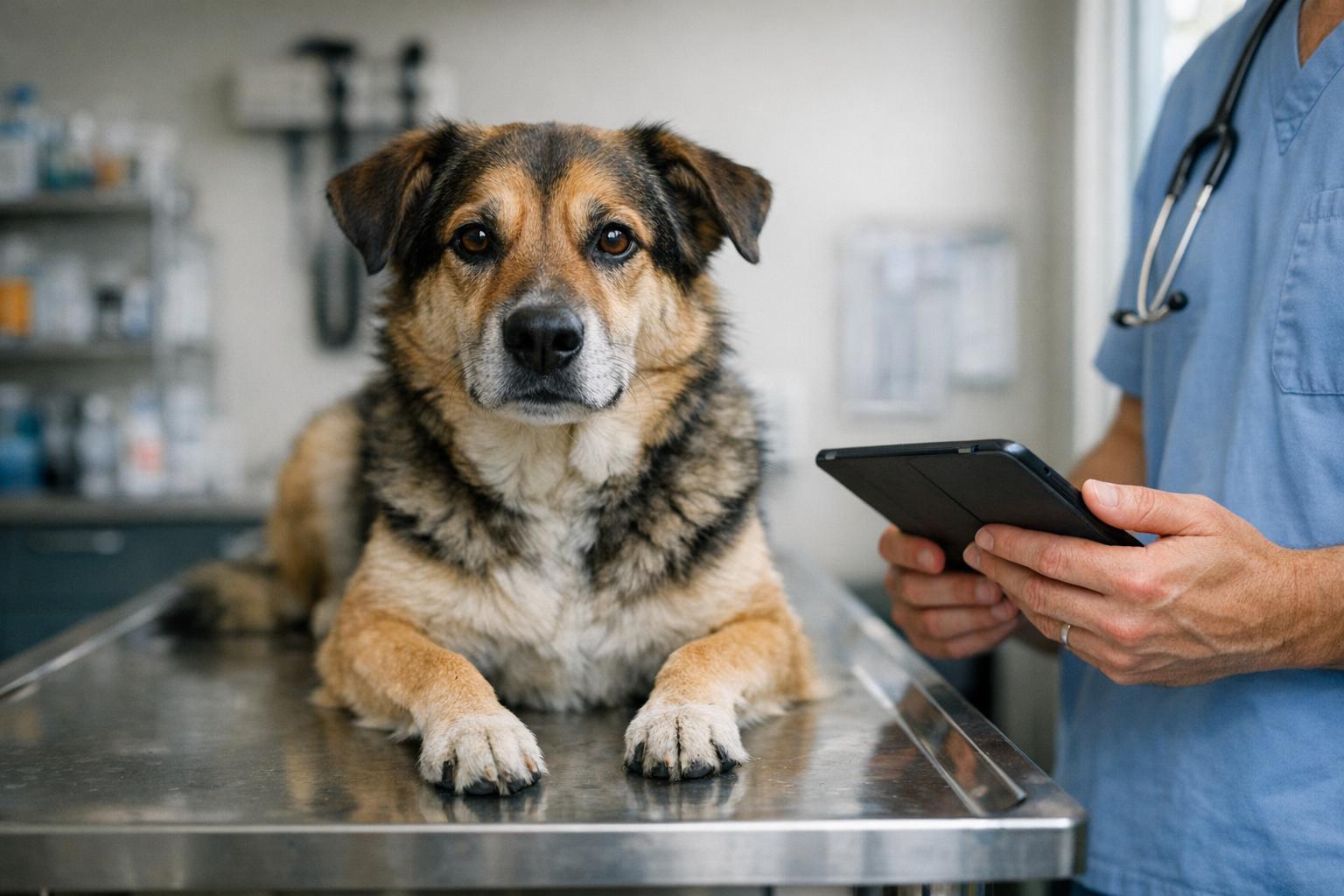 Mixed-breed dog on an exam table in a veterinary clinic, natural light, documentary-style portrait