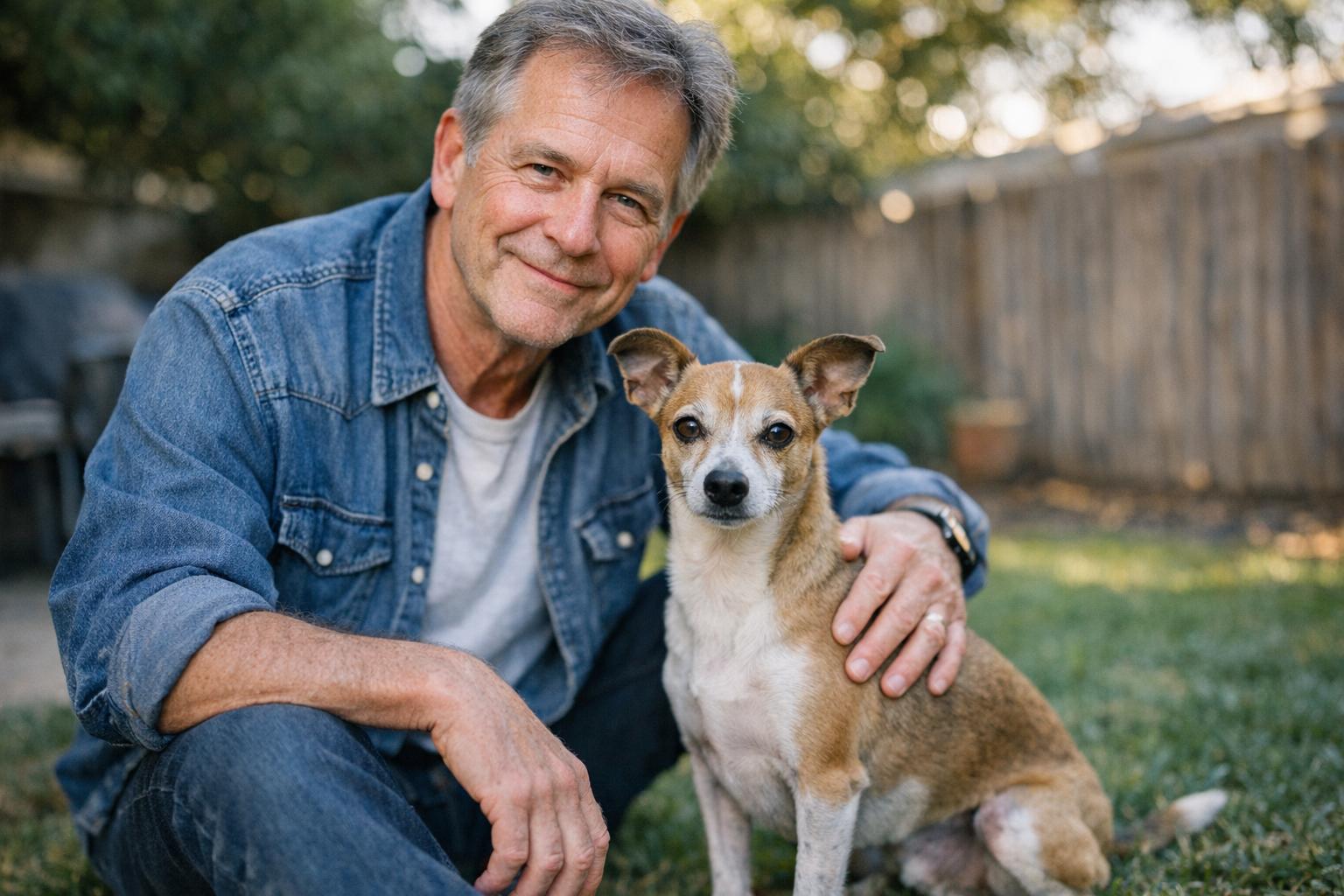 Rob Lowe kneeling beside a greyhound/Chihuahua mix in a backyard, late afternoon light