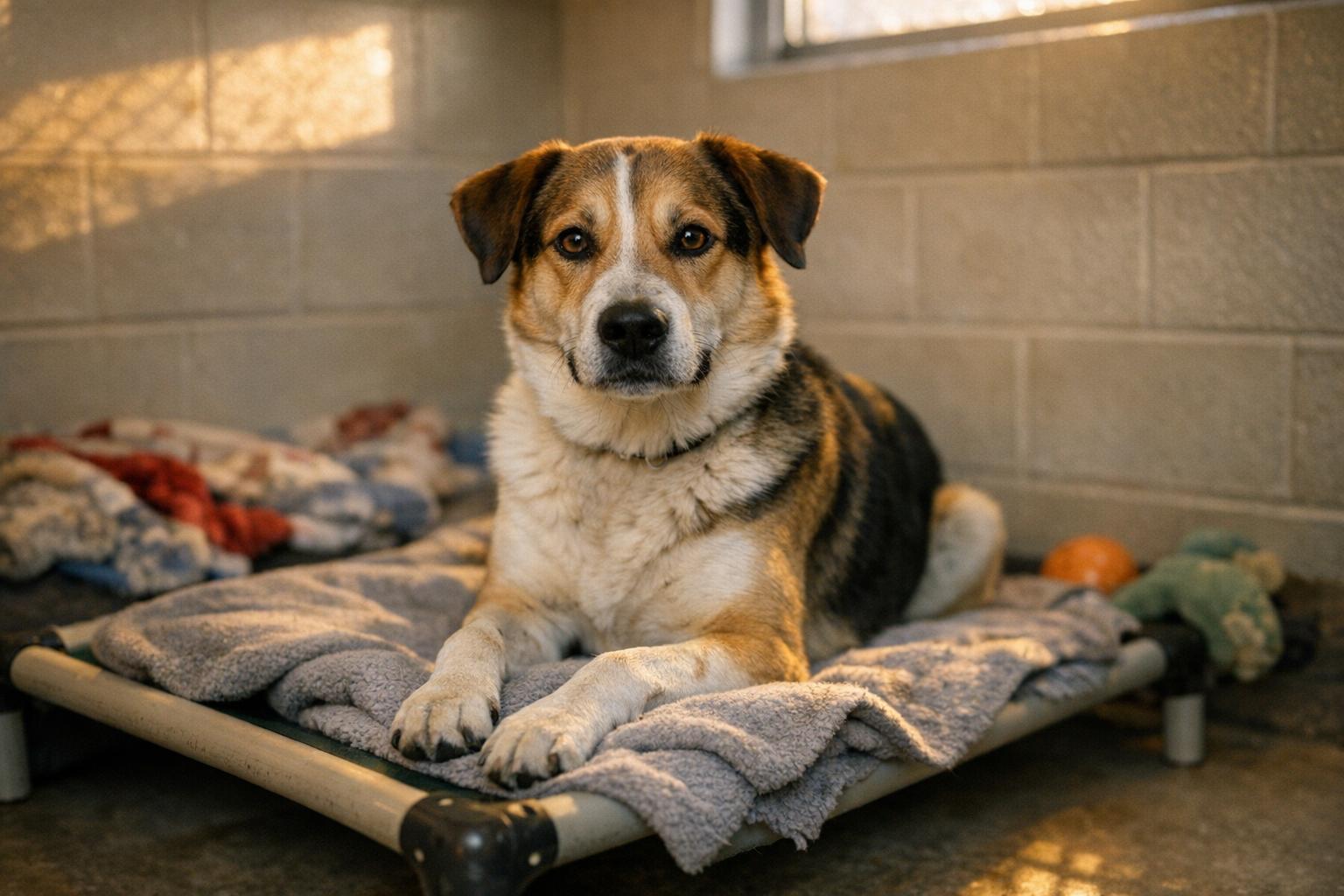 Robby, a calm three-year-old mixed-breed dog, sitting on a kennel bed in a shelter room
