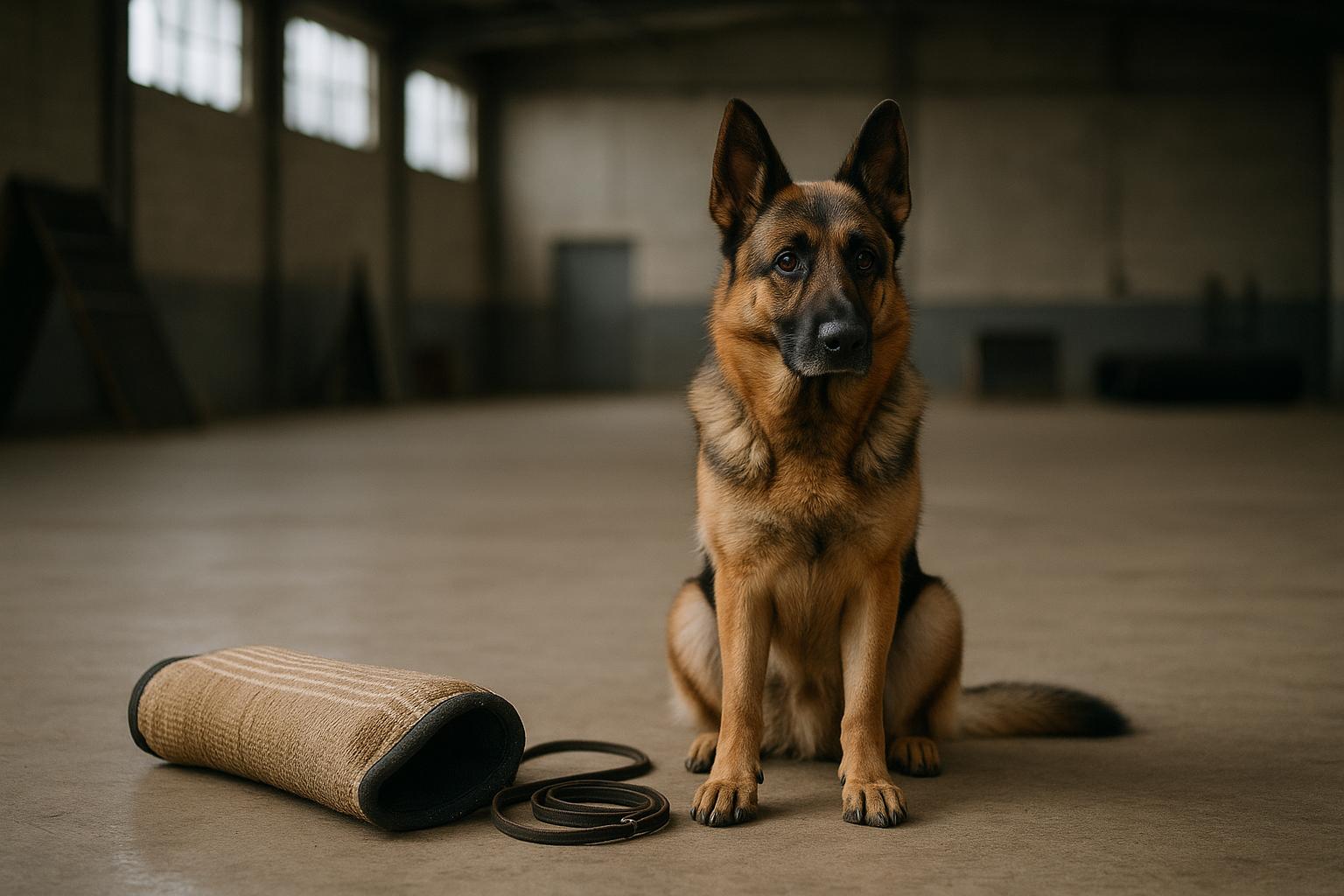 German Shepherd seated in an empty K9 training facility next to training equipment, soft daylight through windows