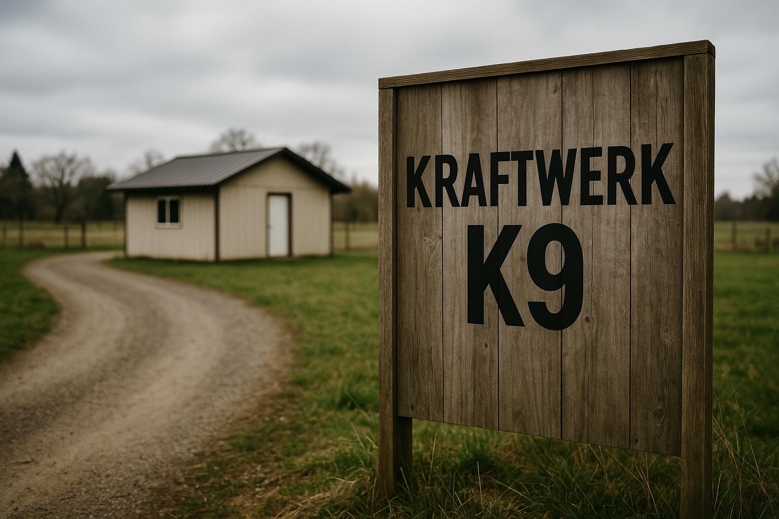 Exterior sign reading 'Kraftwerk K9' outside a rural dog training facility in overcast light