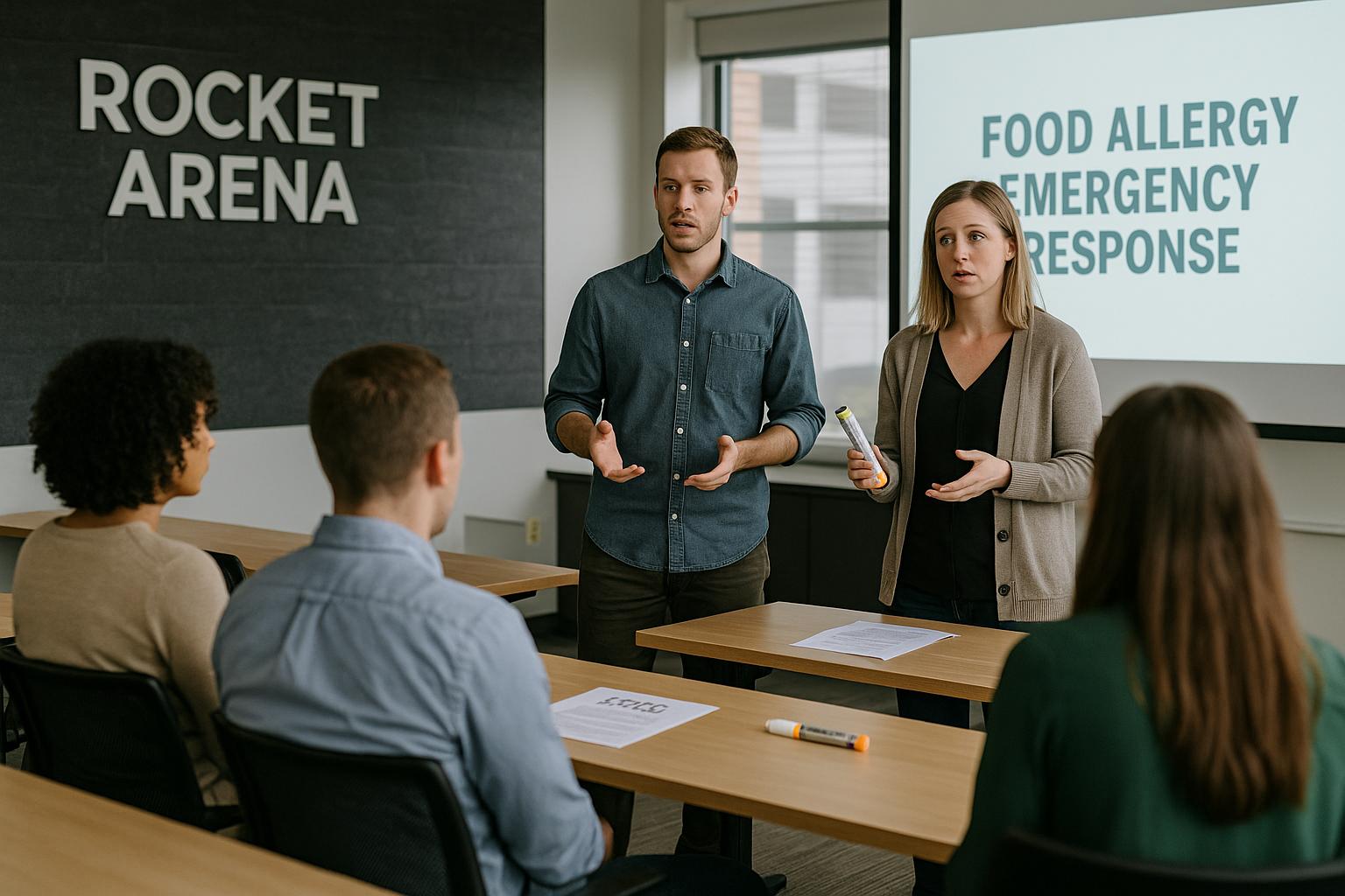 Arena staff attend a food allergy emergency response training session in a conference room at Rocket Arena, with instructors and training materials visible.