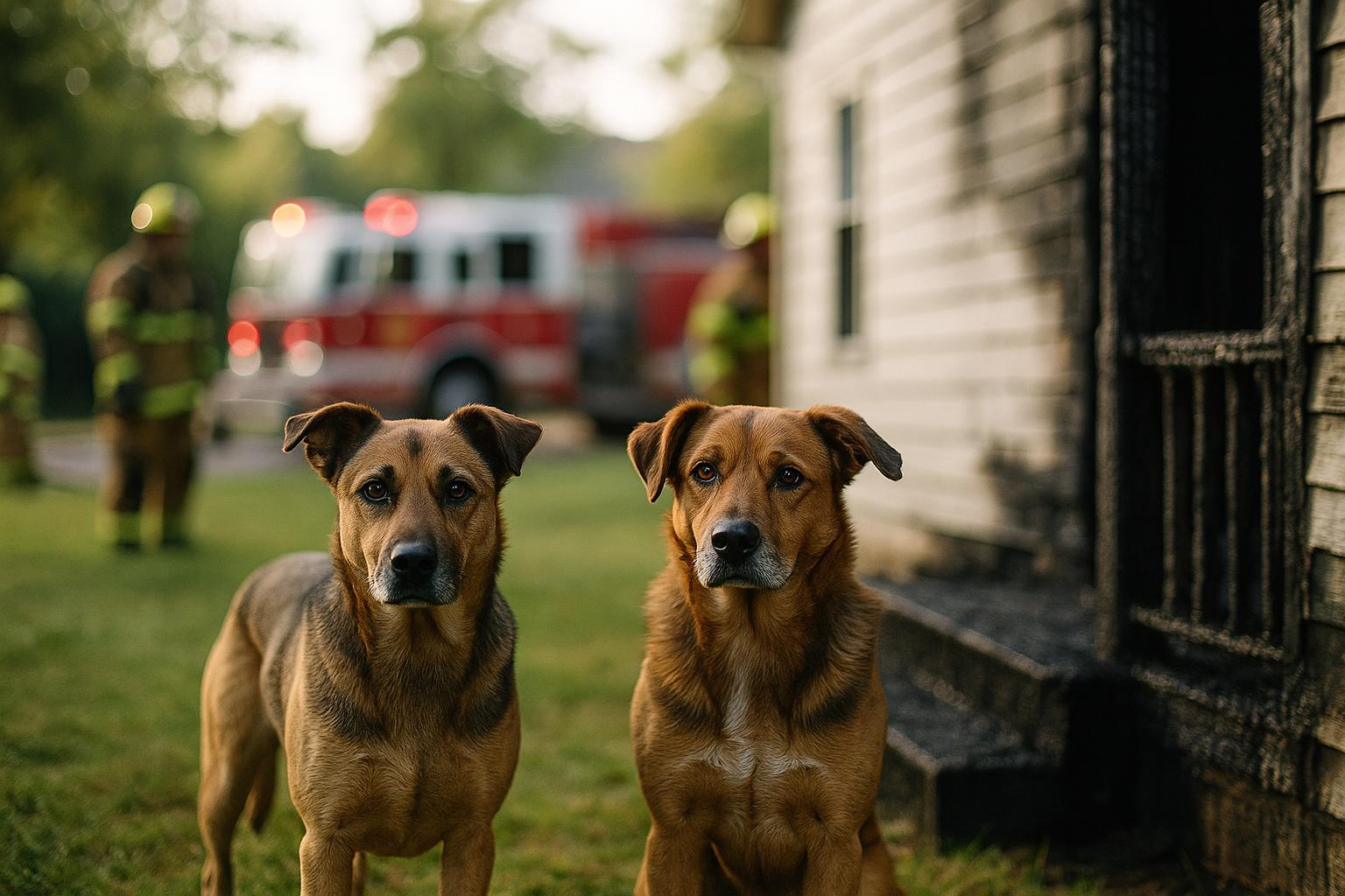 Two mixed-breed dogs on a lawn near a charred porch with firefighters and a fire truck in the background.