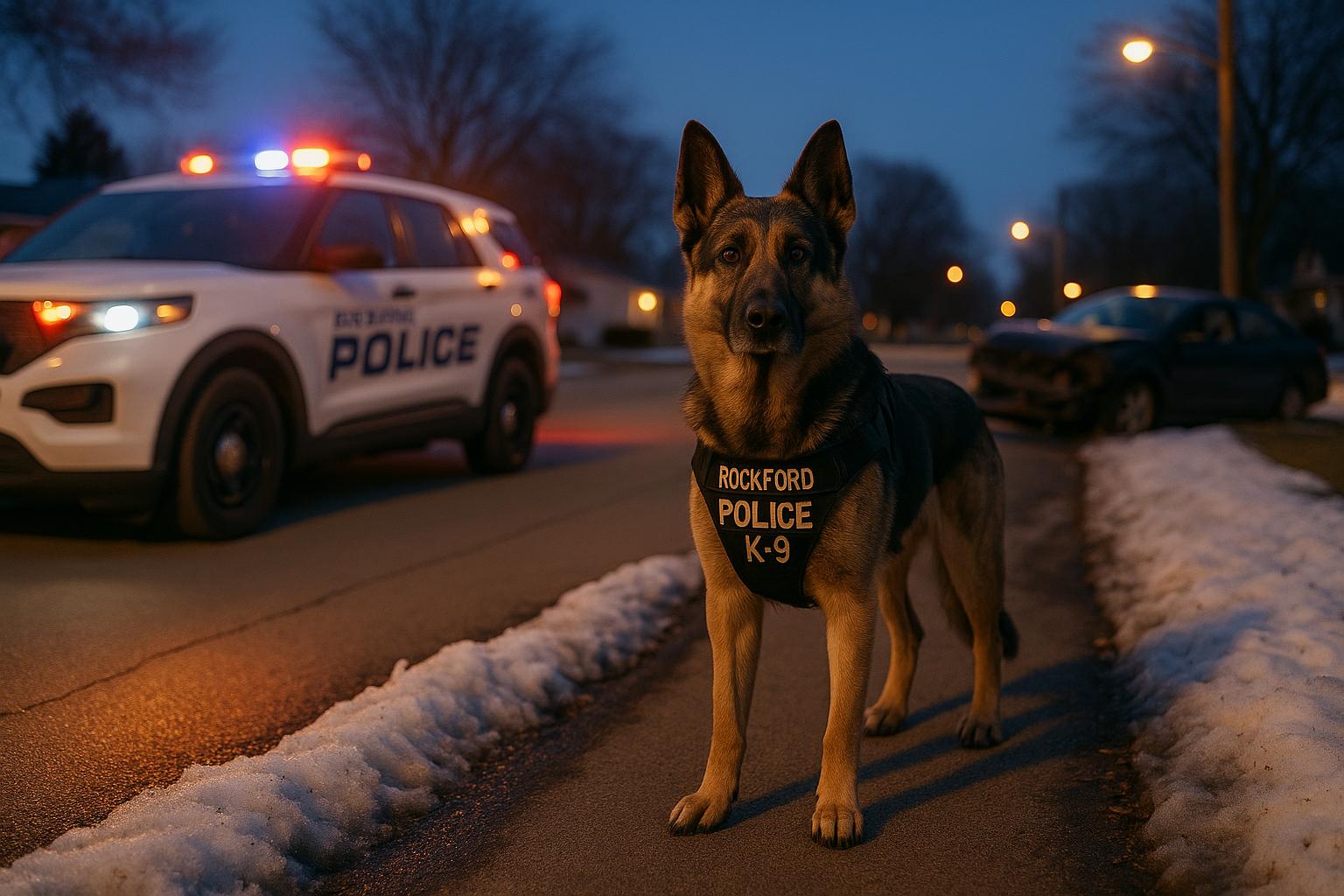 Rockford police K-9 standing on a snow-dusted suburban street at dusk near a crashed vehicle and emergency lights