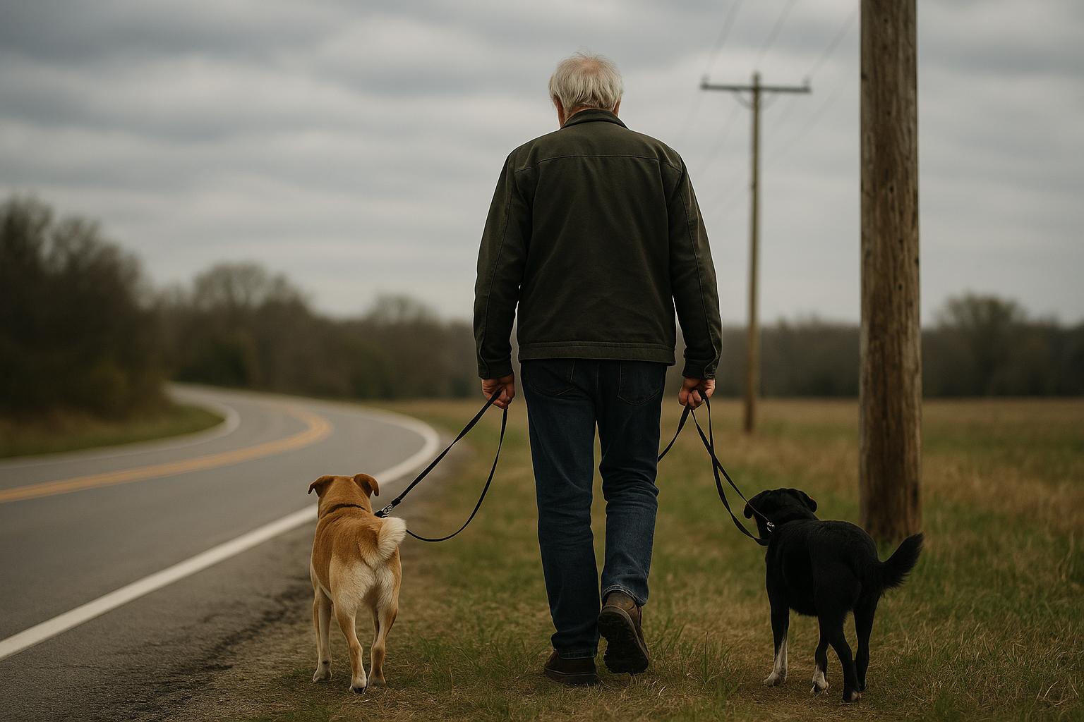 Silhouetted figure walking two dogs along a rural roadside shoulder with a telephone pole visible under an overcast sky