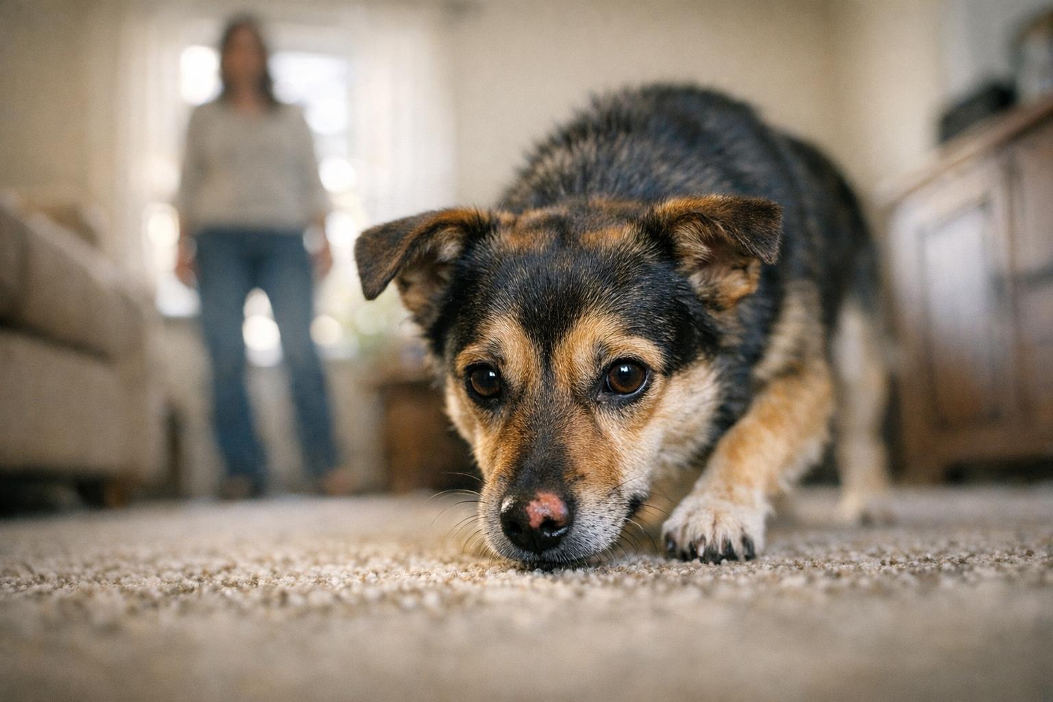 Maggy, a small rescue dog from Romania, cautiously exploring a living room carpet while her owner watches from a short distance.