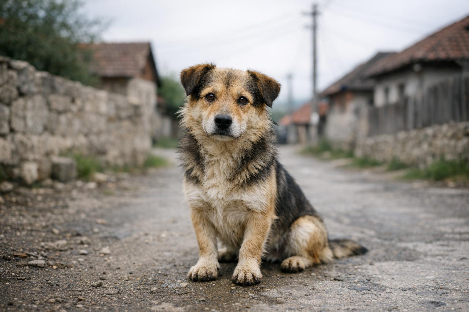 A stray mixed-breed dog sitting on a village street in Romania under soft overcast light