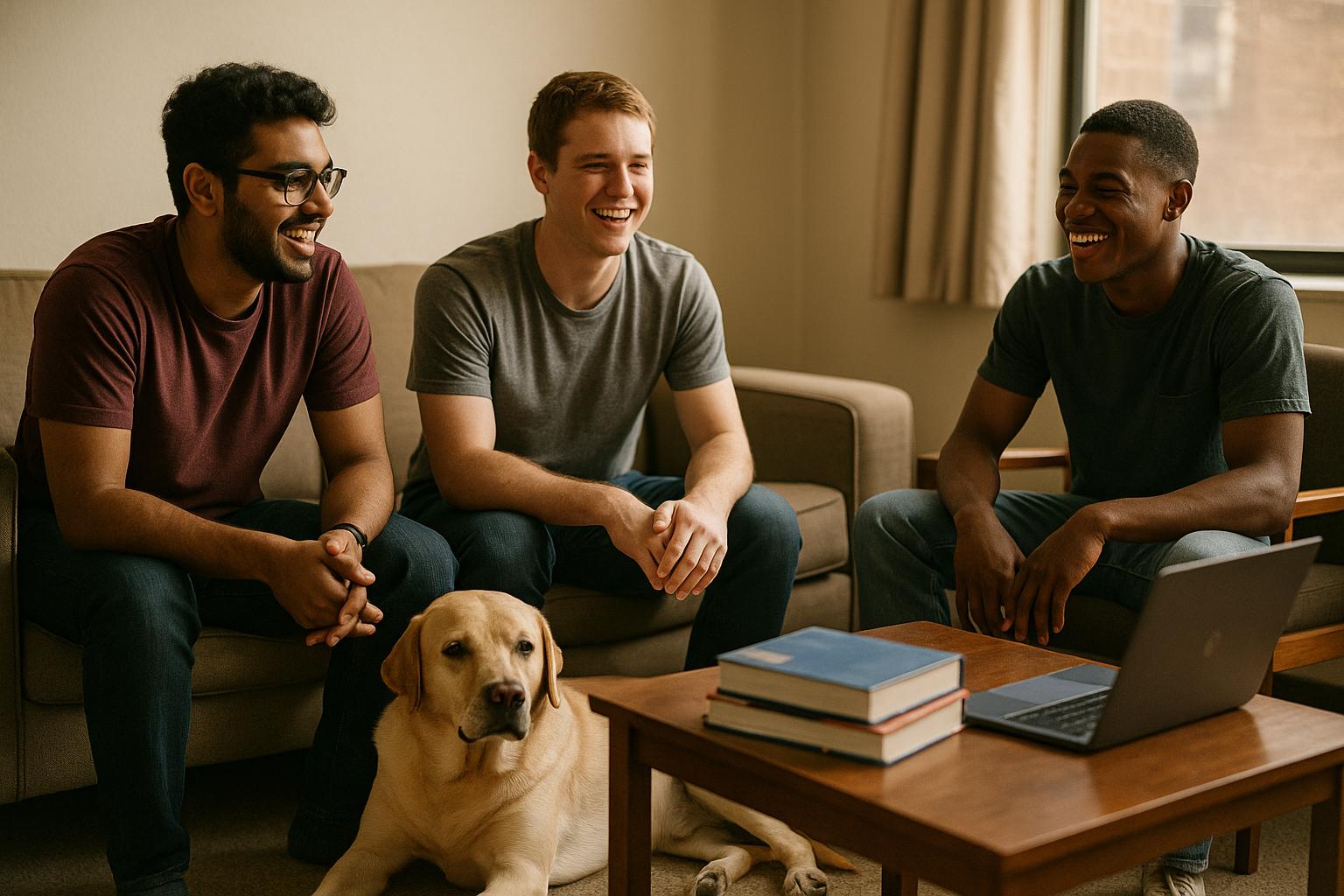 Three Elon University Physician Assistant students sitting together in a living room with a Labrador Retriever at their feet, studying and laughing.