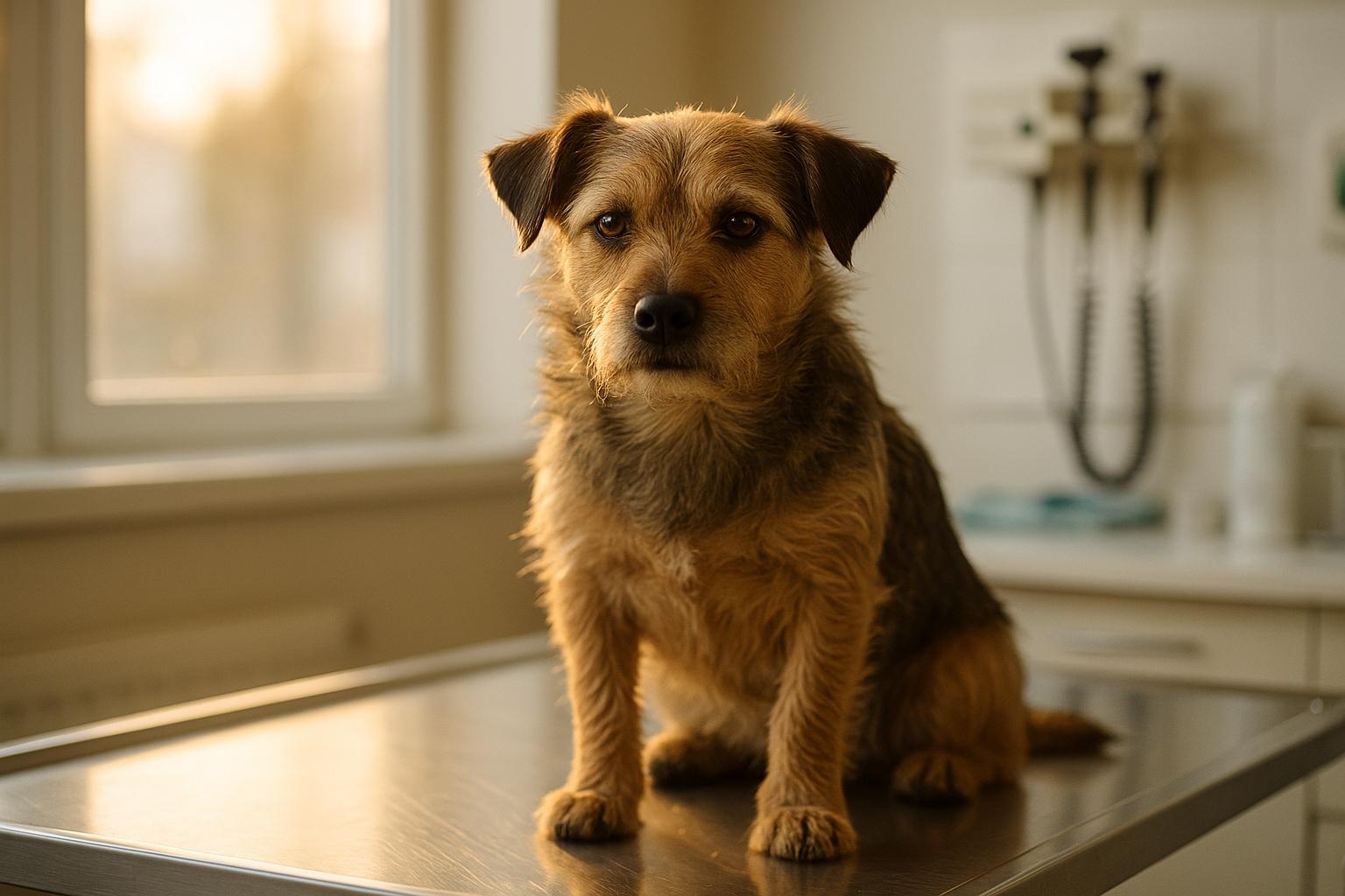 Small mixed-breed dog sitting calmly on a veterinary exam table in a bright clinic room